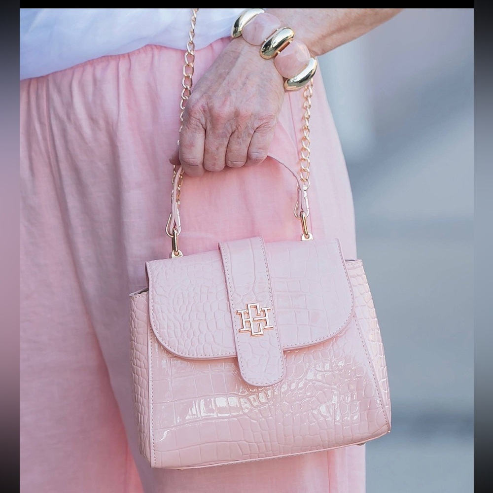 Caroline Hill Blush Patent Embossed Faux Croc Tucker Handbag